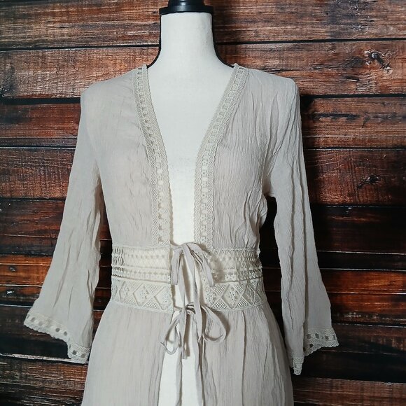 Rebellion Again Small Boho Kimono Duster Renaissance Cover Crochet Taupe - Picture 4 of 9